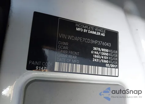 2017 Mercedes-Benz Sprinter Van z USA, uszkodzony, nr VIN WDAP37CD3HP376043